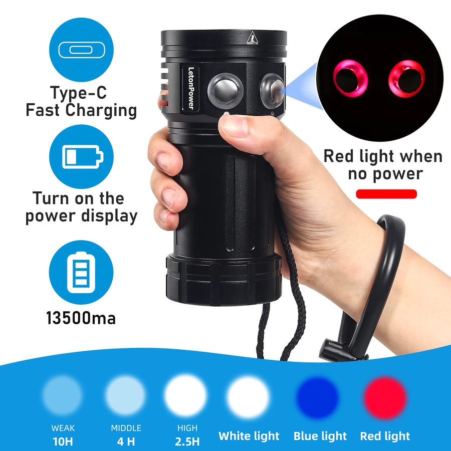 LetonPower L15 Unterwasser-Tauchlampe mit 20000 Lumen, Schwarz, wasserdicht bis 100m - Bild 3