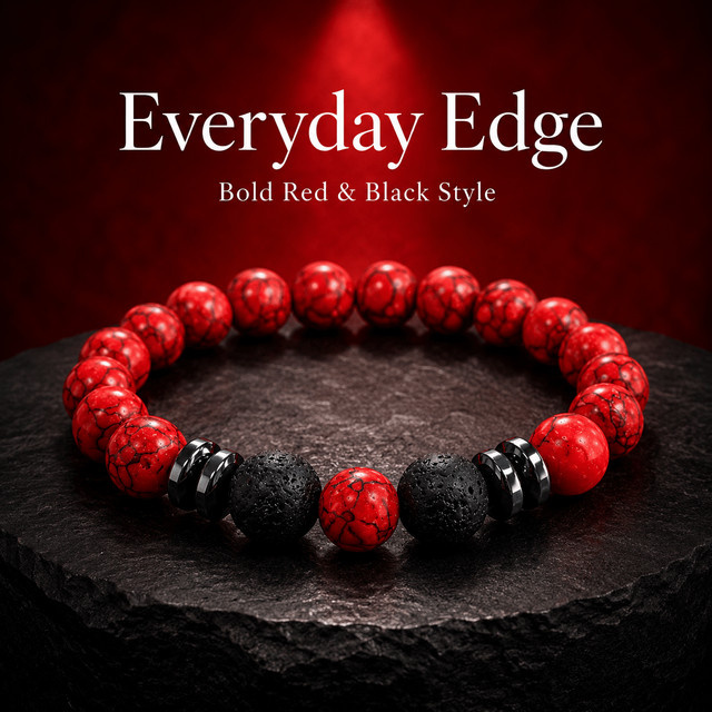 Armband, rot-schwarz, Perlen, mattes schwarzes Finish - Bild 1