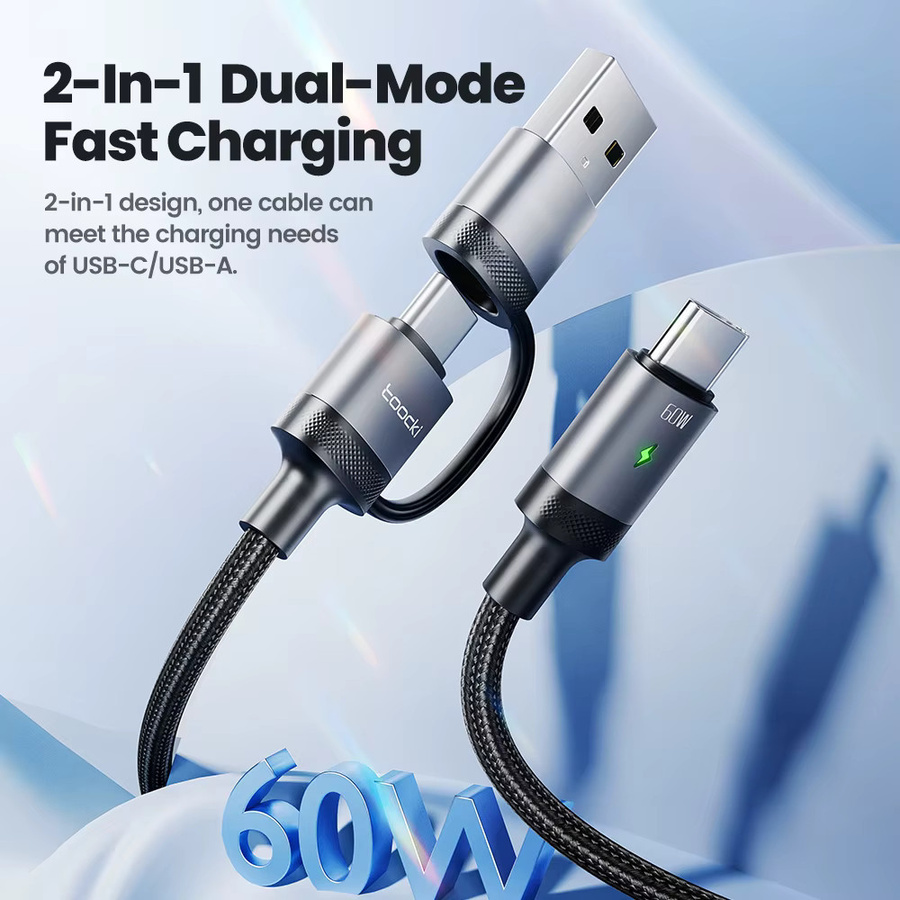Toocki 2-in-1 USB-C auf USB-C Schnellladekabel mit 60 W PD für iPhone 15 14 Pro Max, Xiaomi 13 12 und Samsung S23 in Schwarz oder Grau - Bild 6