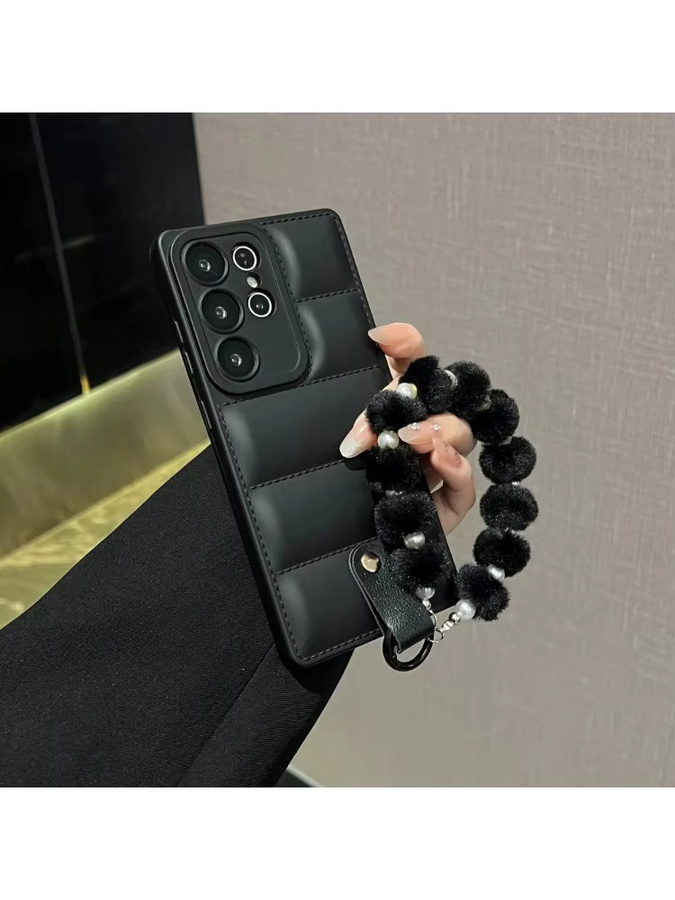 Samsung Handyhülle im Daunenjacken-Stil mit Plüsch-Perlen-Handschlaufe in Pink - Bild 4