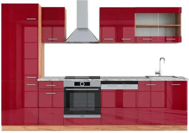 Vicco R-Line Küchenzeile Bordeaux Hochglanz Goldkraft Eiche mit Marmor-Optik, Breite: 300 cm, Höhe: 207 cm, Tiefe: 60 cm - Bild 1