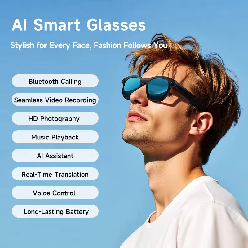 XMSJ KI-Smart-Brille in Schwarz mit HD Foto-Video-Aufnahme, Sprachassistent, Bluetooth-Anrufen und Musikfunktion - Bild 2