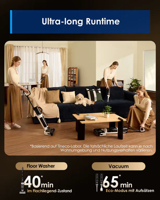 Tineco FLOOR ONE Switch S6 Stretch Breeze 2-in-1 Nass-Trockensauger in Weiß mit 60 Min. Laufzeit, 180° Lay-Flat Funktion, Selbstreinigung und Anti-Wickel-Design für Tierhaare und Polster - Bild 7