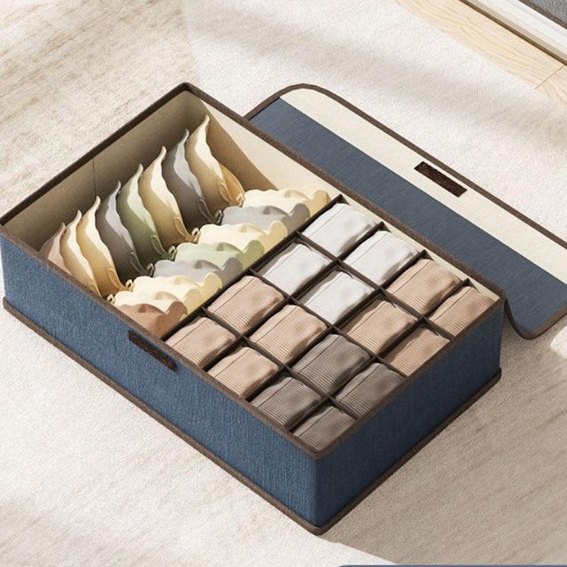 WTEMPO Unterwäsche Aufbewahrungsbox aus Baumwolle und Leinen mit 17 Fächern, Schubladenteiler Organizer für Socken und Höschen, Blau, B/T/H: 44 x 29 x 12,5 cm - Bild 1