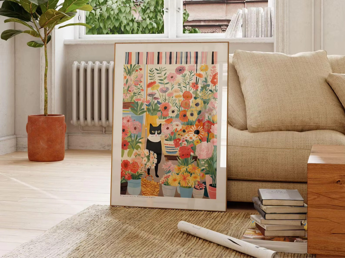 SHENCHEN Katzenposter mit floraler Illustration in Schwarz-Weiß und Multicolour als Wanddekoration aus Papier - Bild 2