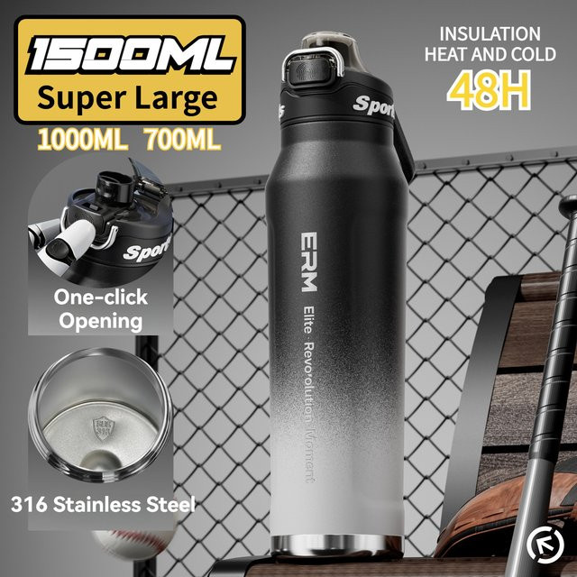 ERM Isolierte Edelstahl-Vakuum-Thermosflasche mit Doppelwandung, Schwarz, 1,5 l - Bild 1