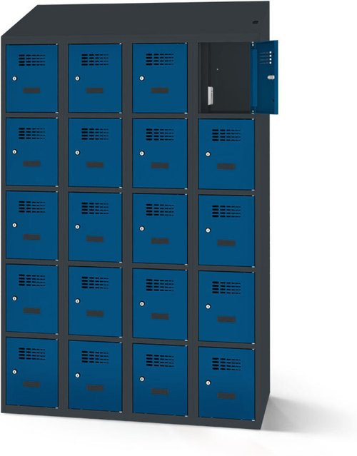 rotstahl Fächerschrank mit 20 Fächern und Ladefunktion in Dunkelblau mit anthrazitgrauem Korpus, B: 120 cm, H: 200 cm - Bild 1