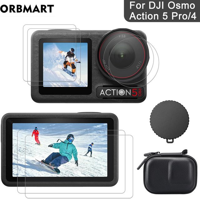 DJI Osmo Action 5 Pro 4 3 Zubehör Set mit gehärtetem Glas Screen Protector, Objektiv Abdeckung und Schutzhülle in Transparent - Bild 1