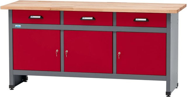 Küpper Werkbank mit 3 Türen und 3 Schubladen in Dunkelrot und Buche, B/T/H: 170 x 60 x 84 cm - Bild 1