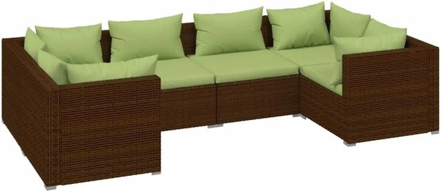 vidaXL 6-tlg. Garten-Lounge-Set in L-Form aus Poly-Rattan mit Auflagen und abnehmbaren Bezügen, Braun und Grün - Bild 1