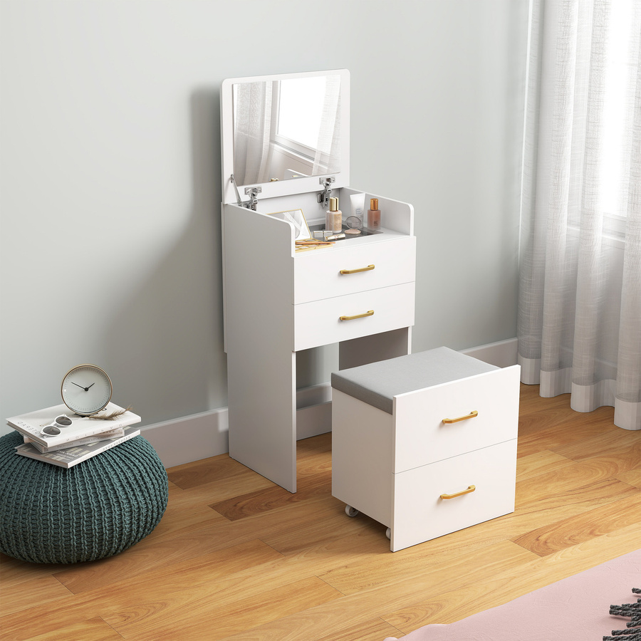 HOMCOM Coiffeuse mit Spiegel und Hocker 3 in 1, Schminktisch mit 3 Schubladen, transparenter Glassplatte und Rollen, Weiß, B/T/H: 48 x 40 x 90 cm - Bild 2