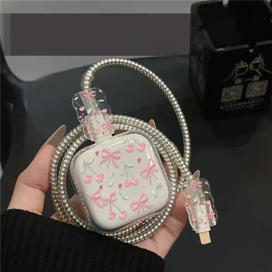 Schutzhülle für 40W Ladegerät und Ladekabel mit Mädchen-Schleife Design in Beige, passend für iPhone 16 Pro und 17 Datenkabel - Bild 2