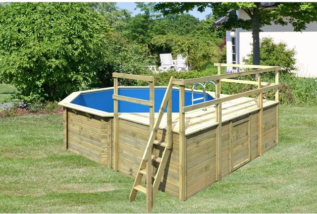Karibu Achteck Aufstellpool Modell 2 aus Massivholz Fichte in Blau oder Grau mit Poolfolie, Schutzvlies und Einhängeleiter, B/T: 470 x 470 cm - Bild 1