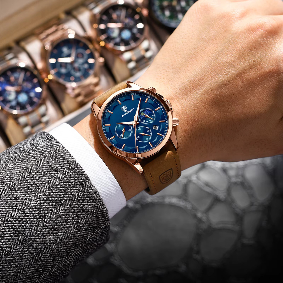 POEDAGAR Armbanduhr Chronograph, Quarz, Leder, Schwarz, Herren - Bild 6