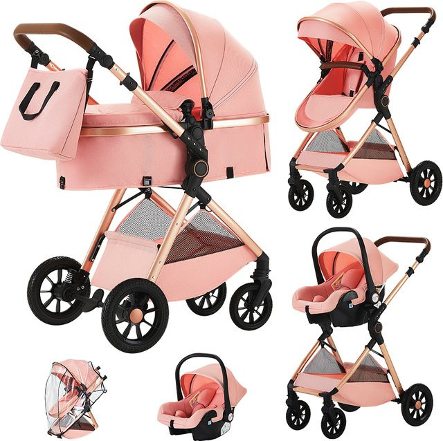 B.CHILDHOOD 3-in-1 Kombinationskinderwagen in Pink mit Reisesystem, Buggy, Babywanne, Wickeltasche und Regenschutz - Bild 1