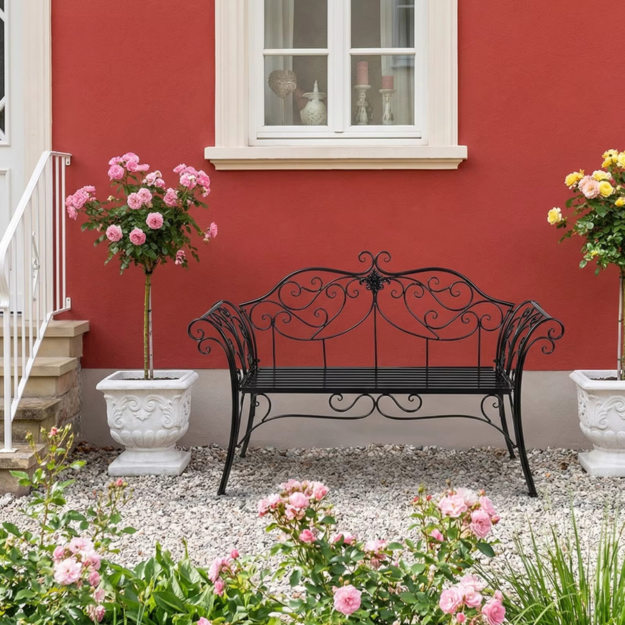 HLC Schmiedeeiserne Gartenbank als Zweisitzer in Schwarz mit dekorativer Rückenlehne und Armlehnen, B/T/H: 133 x 90 x 49 cm - Bild 2