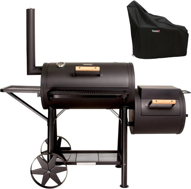 Taino Yuma Smoker BBQ Grillwagen aus massivem Holz und Metall, Offset Holzkohlegrill in Schwarz mit Haube, Thermometer und Warming Rack - Bild 1
