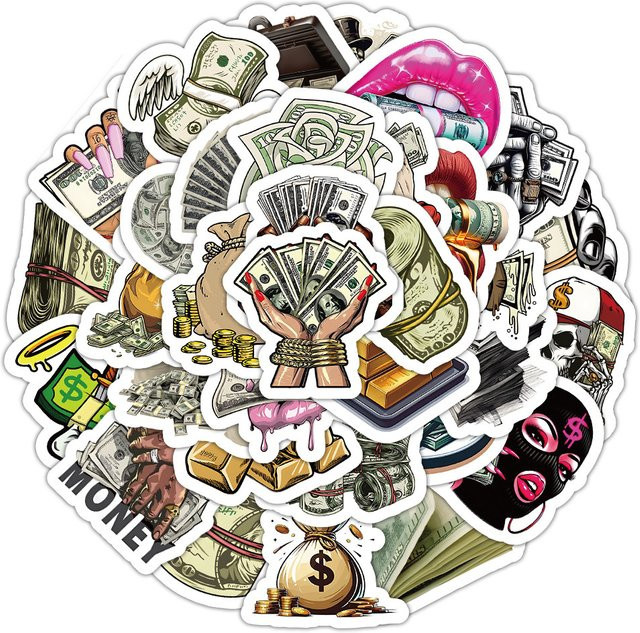 50 Stück Geldwelt Motiv Aufkleber von Golden Memory Stickers Store in Gold und Multicolour zur Dekoration von Tagebüchern und Sammelalben - Bild 1