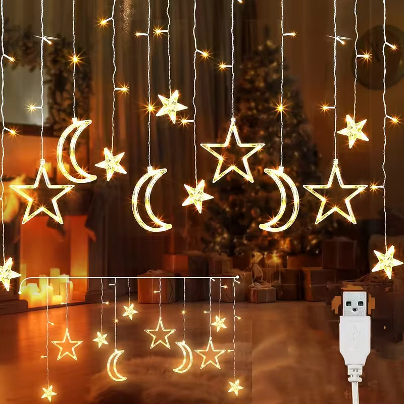 USB-betriebene LED-Vorhanglichterkette mit Stern- und Mondmotiven in Mehrfarbig (RGB) für Schlafzimmer und Garten als Weihnachtsdekoration - Bild 6