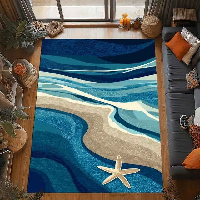 Lodestar Seestern Küsten Teppich mit abstraktem Wellenmuster in Blau und Beige, B/H: 50 x 80 cm - Bild 1