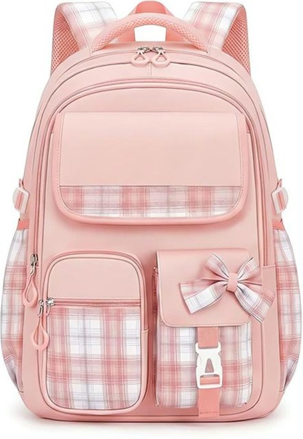 Kawaii Schulrucksack für Mädchen von OKKID mit Federtasche in Rosa Kariert, Schultasche aus Nylon mit vielen Taschen - Bild 1