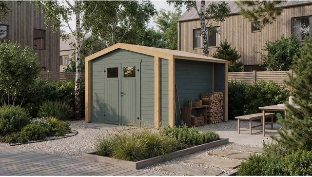 Weka Holz-Gartenhaus Killarney mit Satteldach in Grau-Grün lasiert, B: 361 cm, T: 313 cm - Bild 1