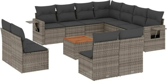 vidaXL 12-tlg Garten-Sofagarnitur aus Poly Rattan und Akazienholz in Grau mit Kissen Modell 51 - Bild 1