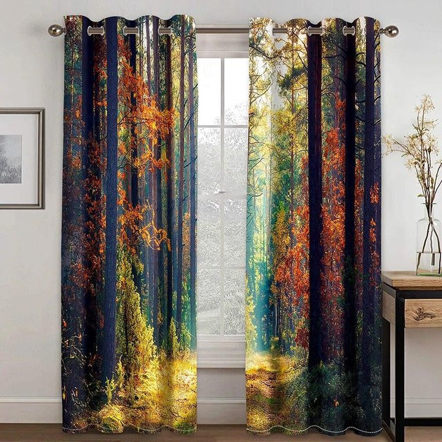 Zweiteiliges semi-transparentes Vorhangset von A Family Of Home Textiles mit Naturmotiv Wald und Wasserfall, mehrfarbig, Breite: 100 cm, Höhe: 220 cm - Bild 1