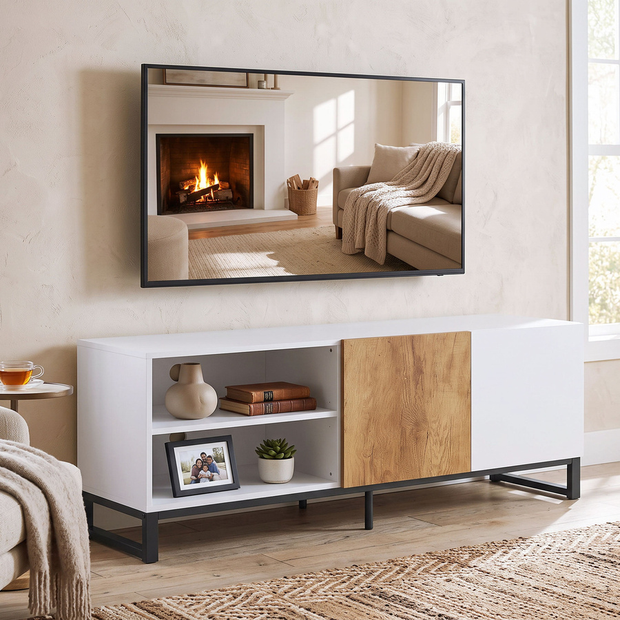 HOMCOM TV-Schrank für Fernseher bis 55 Zoll, modernes TV-Lowboard mit verstellbaren Einlegeböden und Soft-Close-Tür, Weiß/Eiche, B: 140,0 cm, T: 35,0 cm - Bild 2