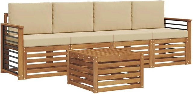 vidaXL Sofagarnitur 5-teilig aus Massivholz Akazie in Natur und Beige mit Tisch und Polsterkissen im modernen Latten-Design - Bild 1