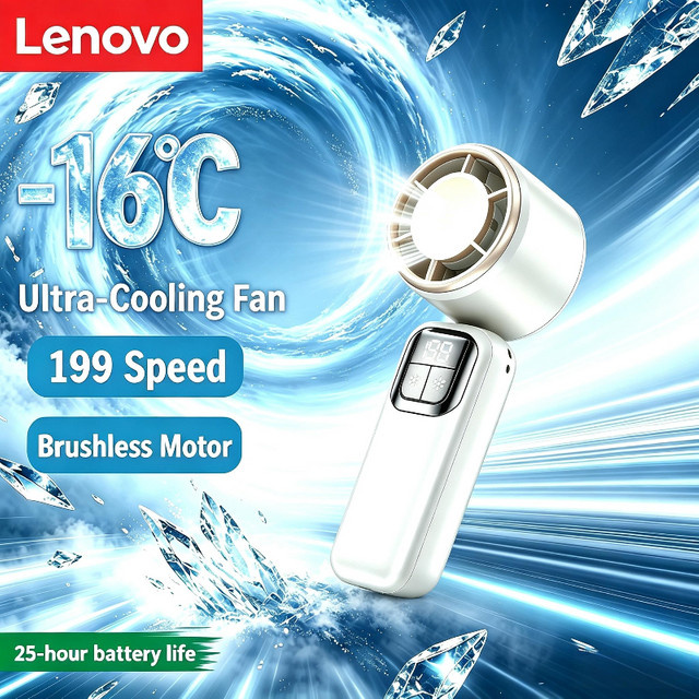 Lenovo Mini-Handventilator mit Digitalanzeige, faltbarer USB-Hochgeschwindigkeits-Turbo-Ventilator, Weiß - Bild 1
