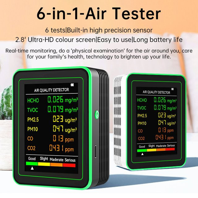 Gaqqee 6-in-1 Luftqualitätsmonitor tragbares Multifunktionsdisplay mit hochpräzisem Sensor für Zuhause und Büro - Bild 1