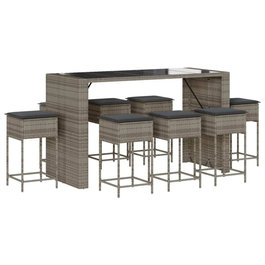 vidaXL 9-tlg Gartenbar-Set aus Poly-Rattan mit Kissen und Hartglas in Grau - Bild 2