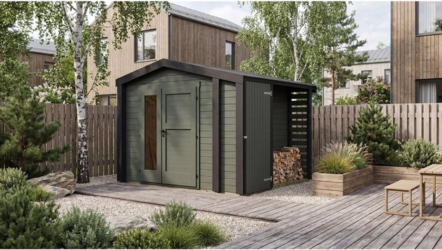 Weka Holz-Gartenhaus Killarney mit Satteldach in Grau-Grün lasiert, B/T/H: 361 x 313 x 246 cm - Bild 1