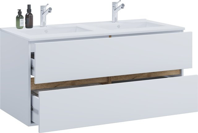 VCM Doppelwaschtisch Cosila in Weiß mit Keramikbecken und Badschrank mit 2 Softclose-Schubladen, H x B x T: 51 x 112 x 47 cm - Bild 1