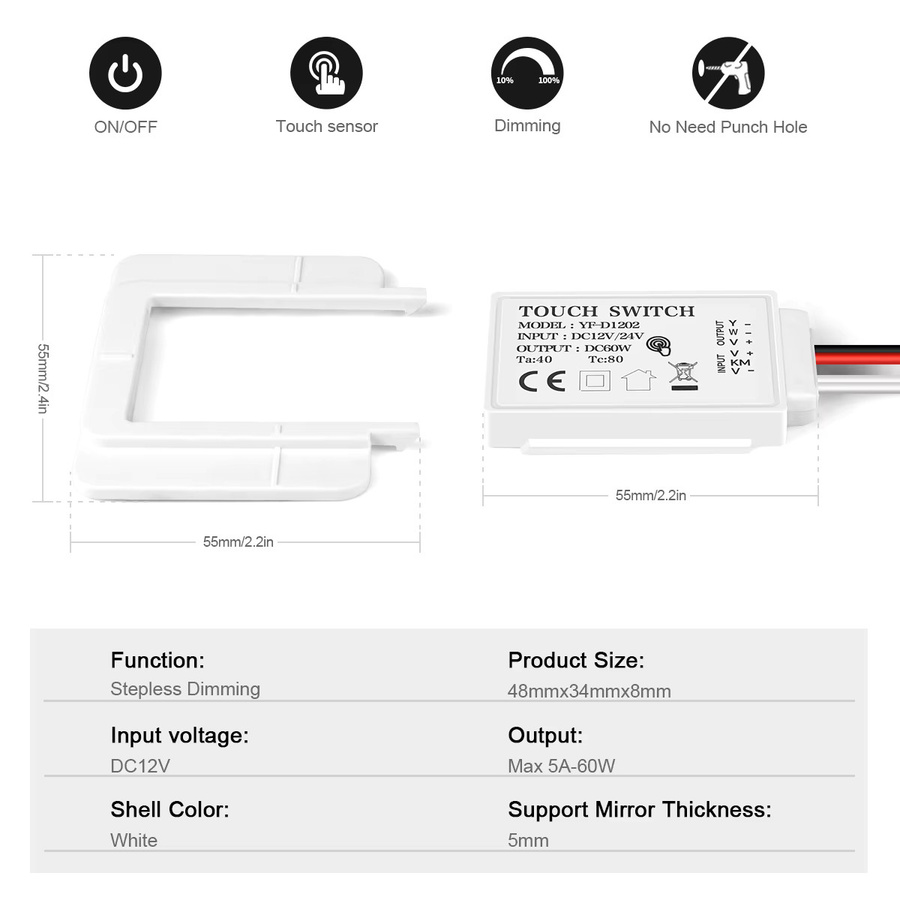 CHNAITEKE DC 12V LED Touch Dimmer Schalter in Weiß für Badezimmer und Schlafzimmer, geeignet für Spiegel mit einer Dicke von 1-5mm - Bild 2