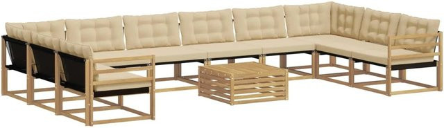 vidaXL 11-teilige Outdoor-Sofagarnitur aus Akazienholz mit Textilene und Kissen in Weiß und Beige - Bild 1