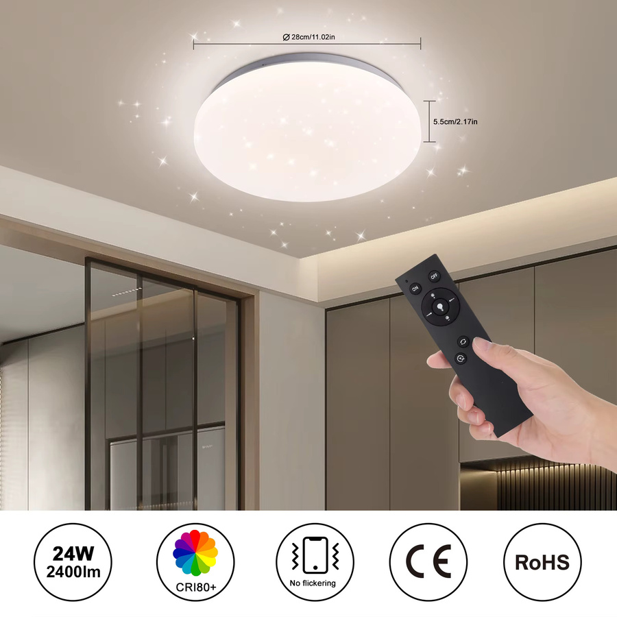 Oraymin LED-Deckenleuchte rund in Weiß, 24 W, 2400 lm, dimmbar mit Fernbedienung, Durchmesser: 28 cm - Bild 3