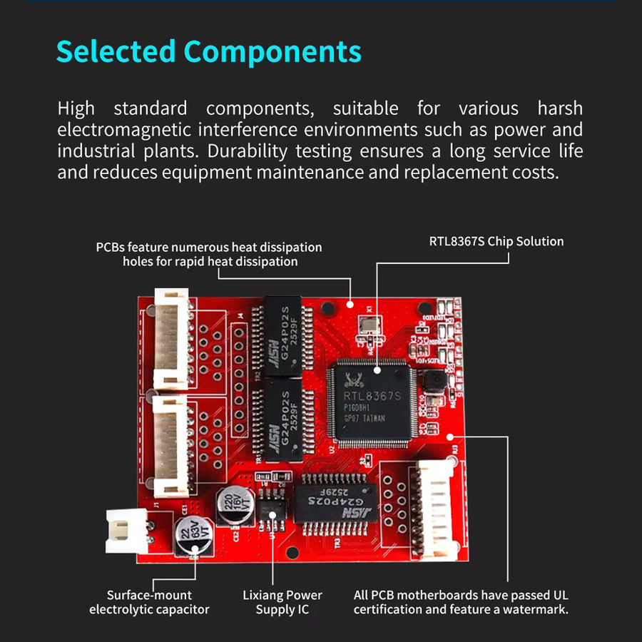 Redquality Mini 3-Port PoE Embedded PCBA Switch mit 1000M Ethernet/LAN und DC 9-57V Weitspannungseingang für industrielle Automatisierung - Bild 4