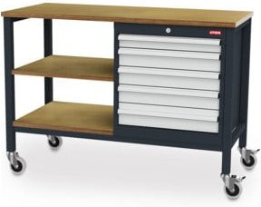STIER Mobile Kastenwerkbank mit 5 Schubladen und 2 Holzfachböden, Farbe: Grau, B/T/H: 130 x 60 x 96 cm - Bild 1