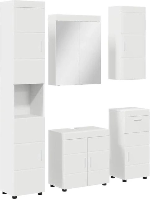 vidaXL Badezimmermöbel-Set TULUM in Weiß, 5-teiliges modernes Set mit Waschtischunterschrank, Spiegelschrank, Wandschrank und Hochschrank, B/T/H: 60 x 34 x 63 cm - Bild 1