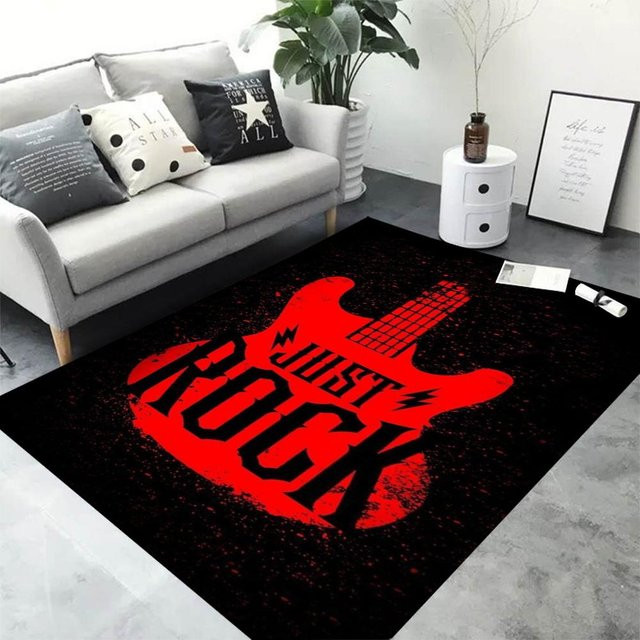 Karpetti Waschbarer Teppich mit Gitarrenmuster in Rot, Rutschfest und Modern, B/T: 80 x 50 cm - Bild 1