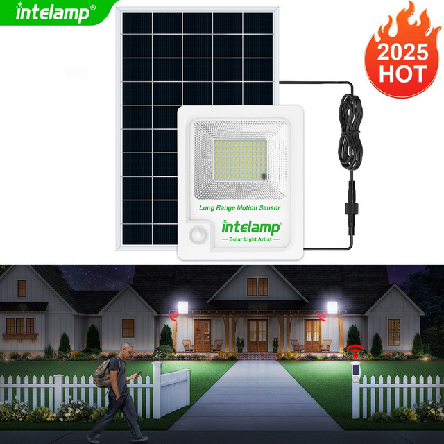 intelamp Solar LED Flutlicht mit 3000 Lumen, wasserdichtes Outdoor Garten Wandlicht in Weiß mit großem Solarpanel - Bild 1
