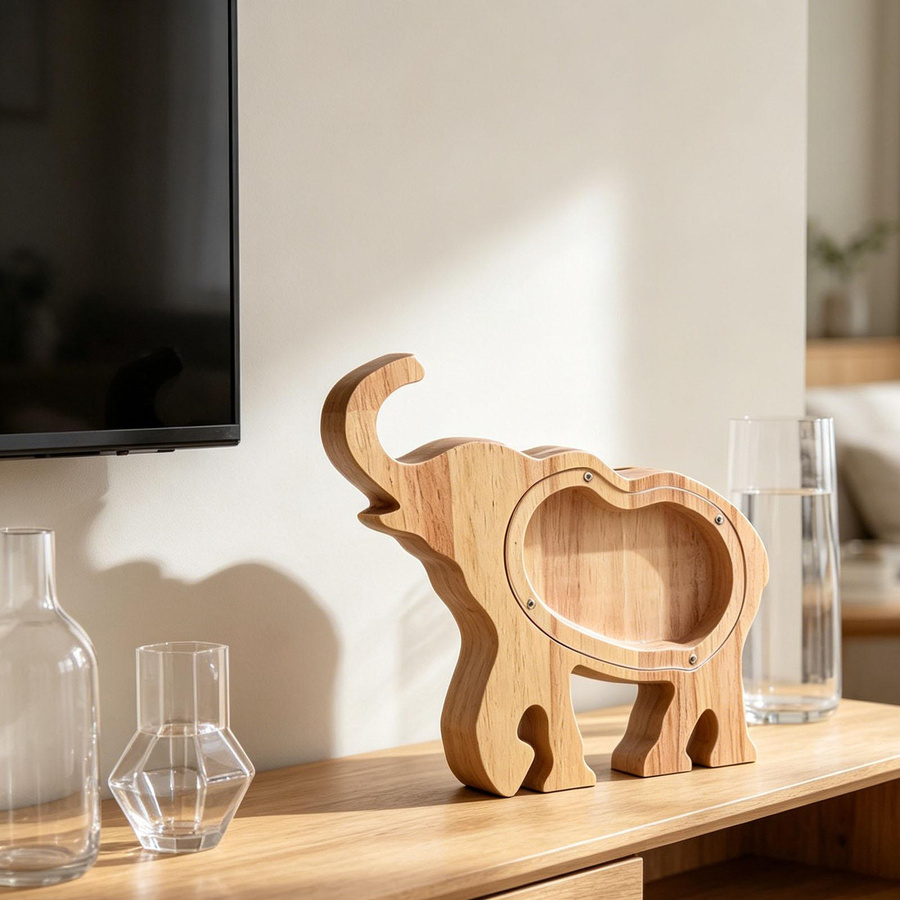 Dekoratives Holz Sparschwein in Elefantenform von Fishine mit transparentem Acrylfenster, Braun/Transparent - Bild 2