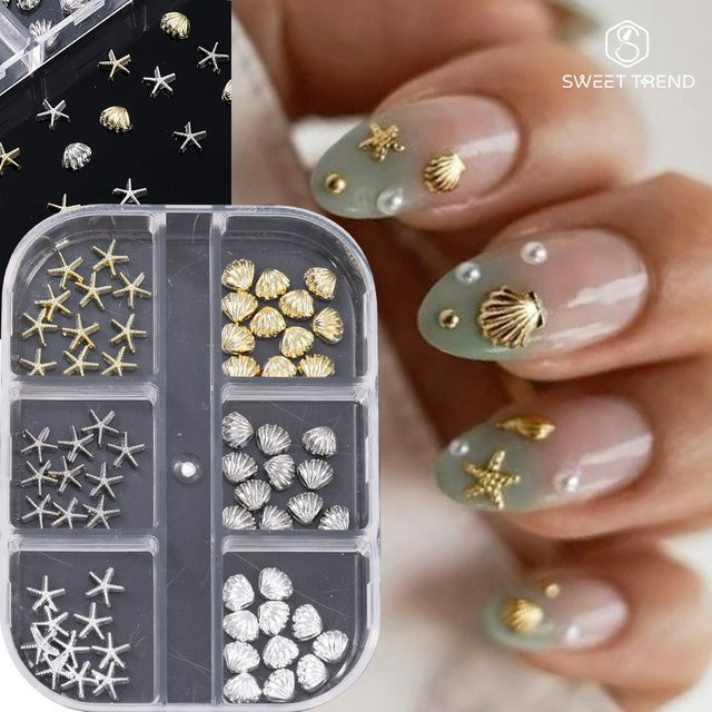 SWEET TREND Nagelkunst-Charms, 6er-Set, Seestern und Muschel, Gold-Silber - Bild 1