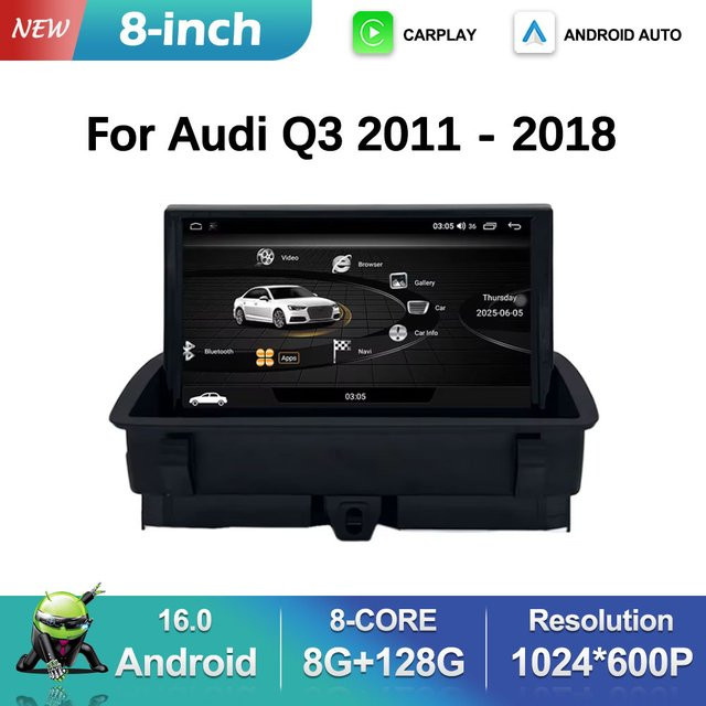 LIARO-NAVI Android 15 Autoradio mit 8 Zoll HD-Bildschirm, GPS und Bluetooth für Audi Q3 2011 bis 2018, Stereo DSP Multimedia-Player in Schwarz - Bild 1