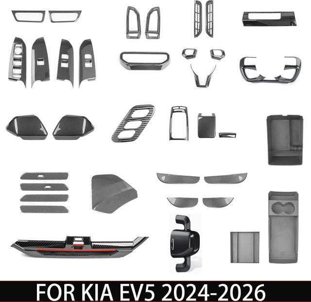 TYWZ Carbon-Faser Zubehör-Set für Kia EV5 2024 2025 2026 Mittelkonsole Fensterknopf und Lüftungsabdeckung mit Aufbewahrungsbox in Schwarz LHD - Bild 1
