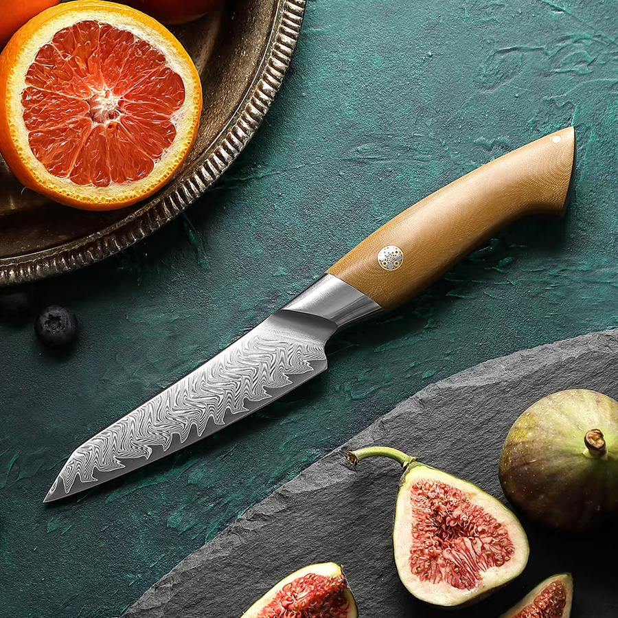 HEZHEN Schälmesser aus Damaststahl mit Leinen Micarta Griff in Braun, Klingenlänge: 10,8 cm - Bild 5