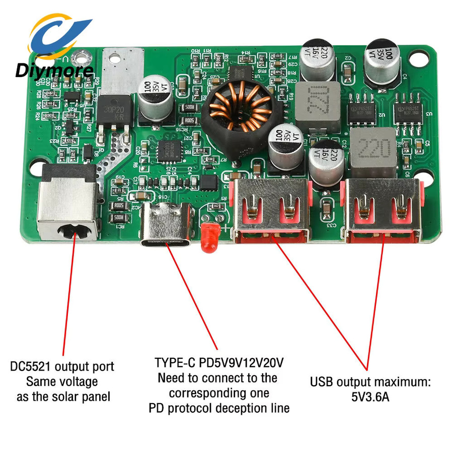 Diymore DIY Spannungsregler Anschlussbox mit QC3.0 Dual-USB und PD 100W Typ-C für Solarmodule - Bild 4