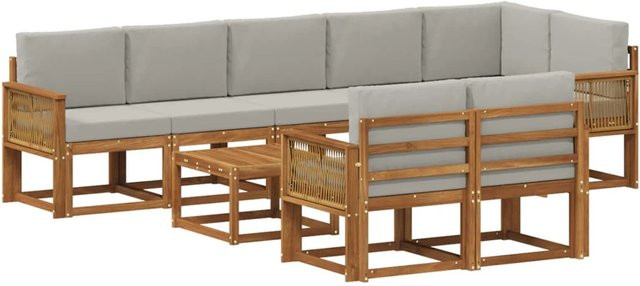 vidaXL Outdoor-Sofagarnitur aus Akazienholz und Polyester in L-Form, 9-teiliges Set, Hellgrau - Bild 1